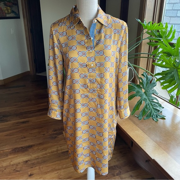 J McLaughlin Gold and Blue Heraldic Knot Print Amara Midi Shirt Dress size Small - Picture 1 of 12